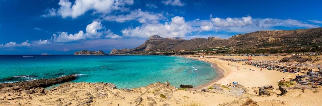 Shot of beautiful turquoise beach Falasarna (Falassarna) in Crete, Greece. View of famous paradise sandy deep turquoise beach of Falasarna (Phalasarna) in North West, Crete island, Greece.