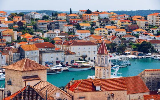 View at town Trogir, old touristic place in Croatia Europe. Trogir town coastal view. Magnificent Trogir, Croatia. Sunny old Venetian town, Dalmatian Coast in Croatia.