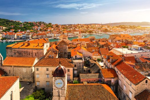 View at town Trogir, old touristic place in Croatia Europe. Trogir town coastal view. Magnificent Trogir, Croatia. Sunny old Venetian town, Dalmatian Coast in Croatia.