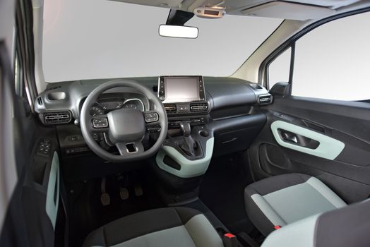 studio shot passenger car interior, front view