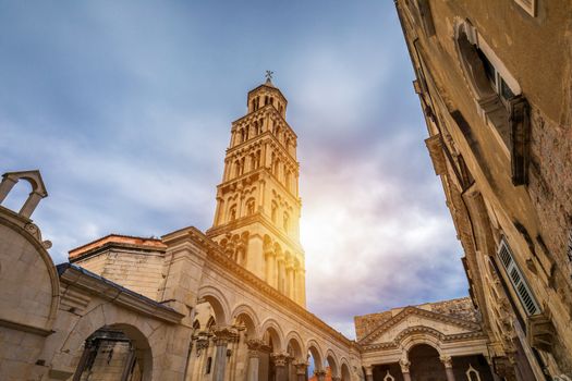 Diocletian's Palace's peristyle in front of Cathedral of Saint Domnius' bell tower in Split, Croatia. Diocletian palace UNESCO world heritage site in Split, Dalmatia, Croatia.