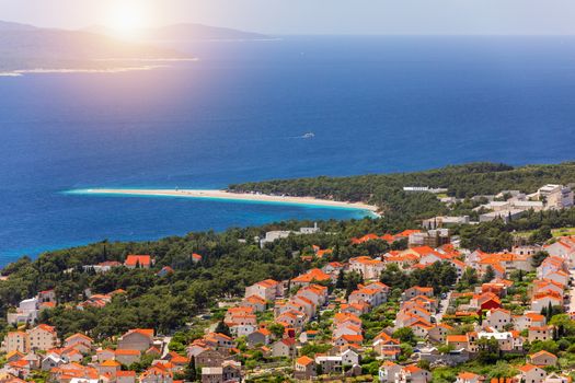 Beautiful panorama of famous Adriatic beach Zlatni Rat (Golden Cape or Golden Horn) with turquoise water , Island of Brac Croatia summertime. Famous Adriatic beach Zlatni Rat in Bol, Brac, Croatia.