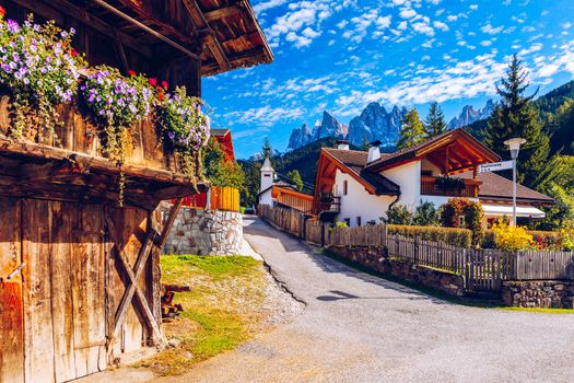 Street view of Santa Maddalena (Santa Magdalena) village, Val di Funes valley, Trentino Alto Adige region, South Tyrol, Italy, Europe. Santa Maddalena Village, Italy. 