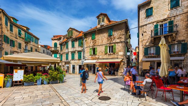 Street in Split historical center, Croatia. Beautiful square of the old town of Split in Croatia. Old stone street of Split historic city, Dalmatia, Croatia