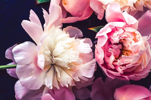 Pink peony flowers as floral art background, botanical flatlay and luxury branding design