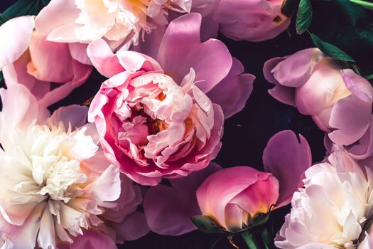 Pink peony flowers as floral art background, botanical flatlay and luxury branding design