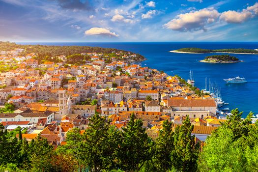 View at amazing archipelago in front of town Hvar, Croatia. Harbor of old Adriatic island town Hvar. Popular touristic destination of Croatia. Amazing Hvar city on Hvar island, Croatia.