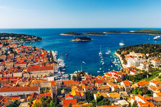 View at amazing archipelago in front of town Hvar, Croatia. Harbor of old Adriatic island town Hvar. Popular touristic destination of Croatia. Amazing Hvar city on Hvar island, Croatia.