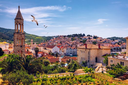 View at amazing archipelago in front of town Hvar, Croatia with seagull's flying over the city. Harbor of old Adriatic island town Hvar. Amazing Hvar city on Hvar island, Croatia. 