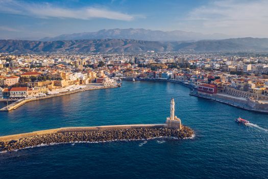 Picturesque old port of Chania. Landmarks of Crete island. Greece. Aerial view of the beautiful city of Chania with it's old harbor and the famous lighthouse, Crete, Greece.