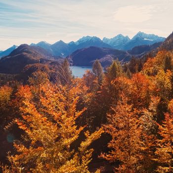 Beautiful nature of European Alps, landscape view of alpine mountains, lake and village in autumn season, travel and destination scenery