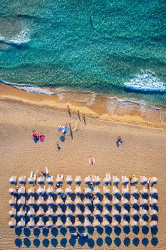 Aerial shot of beautiful turquoise beach Falasarna (Falassarna) in Crete, Greece. View of famous paradise sandy deep turquoise beach of Falasarna (Falassarna) in North West, Crete island, Greece.