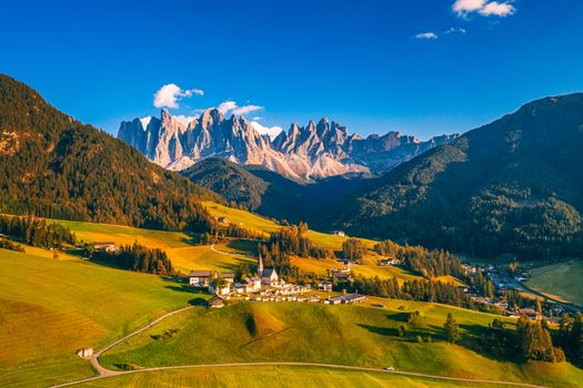 Santa Maddalena (Santa Magdalena) village with magical Dolomites mountains in autumn, Val di Funes valley, Trentino Alto Adige region, South Tyrol, Italy, Europe. Santa Maddalena Village, Italy. 