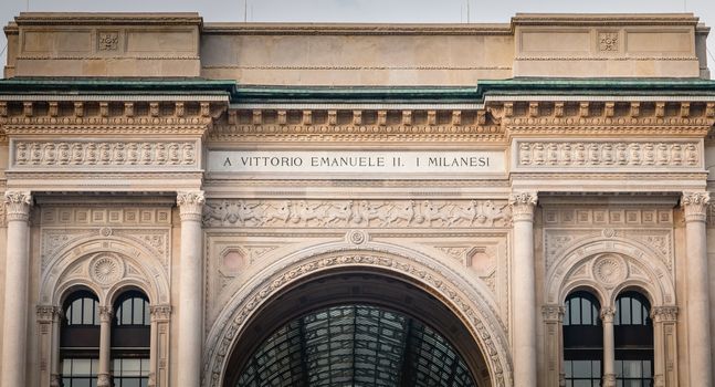 Milan, Italy - November 2, 2017: Architectural detail of Galleria Vittorio Emanuele II, a prestigious historic shopping gallery located between Milan s Duomo Square and La Scala. The gallery is due to the architect Giuseppe Mengoni