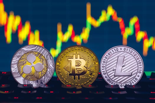 Set of cryptocurrencies with Bitcoin, Etherium, Ripple, Litecoin. Cryptocurrencys new digital money. Bitcoin on the front as the leader. Bitcoin as most important cryptocurrency.