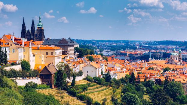 Prague Castle and Lesser Town panorama. View from Petrin Hill. Prague, Czech Republic. Spring Prague panorama from Prague Hill with Prague Castle, Vltava river and historical architecture. Czechia.