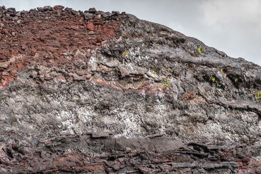 Leilani Estate, Hawaii, USA. - January 14, 2020: 2018 Kilauea volcano eruption hardened black lava field. Hill wth red, brown and gray colored lava with a few fresh green plants popping up under gray cloudscape.