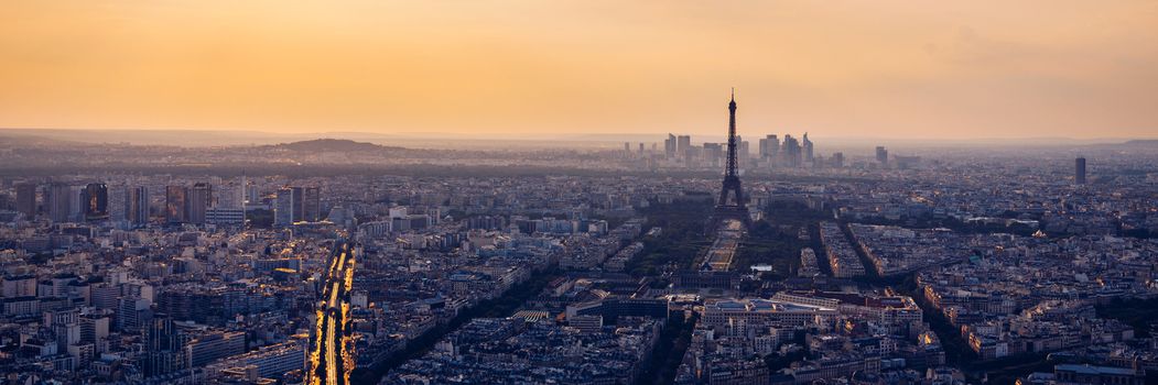 High resolution aerial panorama of Paris, France taken from the Notre Dame Cathedral before the destructive fire of 15.04.2019. The river Seine. Aerial view of Paris at sunset. Paris, France.
