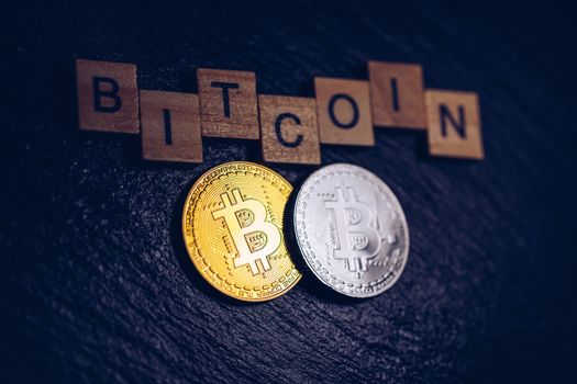 Bitcoin cryptocurrency (crypto currency). Silver Bitcoin and golden Bitcoin symbol. Bitcoin (BTC) cryptocurrency.