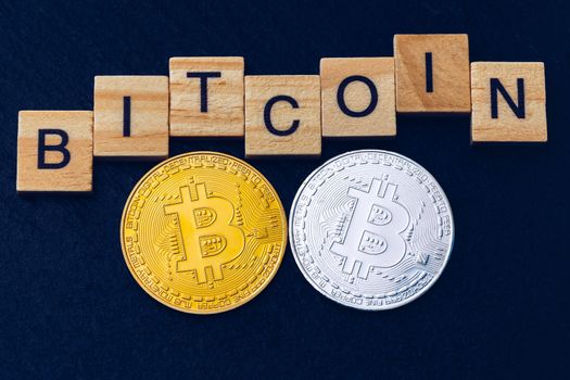 Bitcoin cryptocurrency (crypto currency). Silver Bitcoin and golden Bitcoin symbol. Bitcoin (BTC) cryptocurrency.