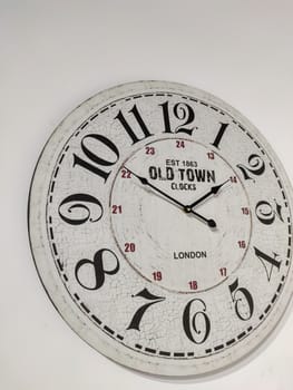 a white clock hanging on the wall.