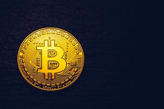 Crypto currency golden coin with bitcoin symbol on isolated on black background. Bitcoin Coin on black background. Bitcoin cryptocurrency.  Cryptocurrency Coin Concept.
