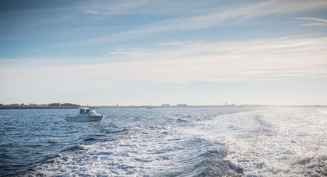 Small fishing boat entering the harbor accompanied by seagulls