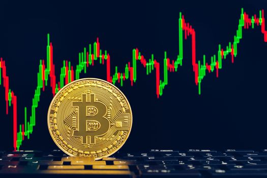 Bitcoin gold coin and defocused chart background. Virtual cryptocurrency concept. Bitcoins on ladder chart cryptocurrency concept. Bitcoin currency with blockchain concept.