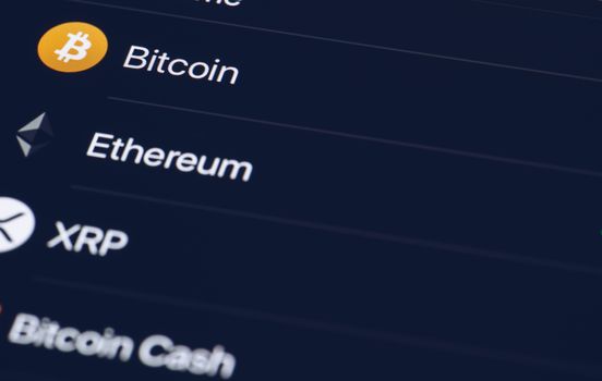 Crypto Currency market concept. Bank market and virtual currency value graph. Statistics comparison of best-selling crypto coins on stock exchange. Use for Bitcoin, ETH, Ripple, Bitcoin cash.