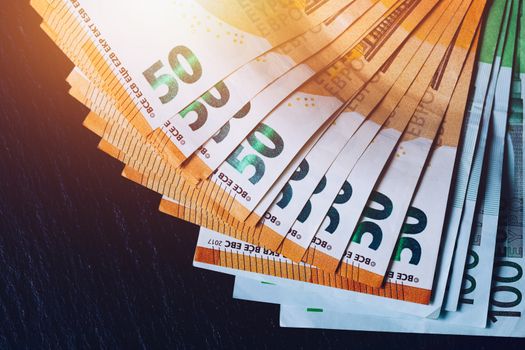 Euro money, Euro cash background. Banknotes of the european union. Euro cash. Many Euro banknotes of different values. 