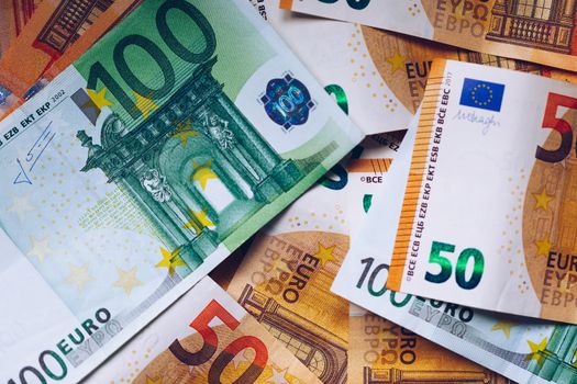 Euro money, Euro cash background. Banknotes of the european union. Euro cash. Many Euro banknotes of different values. 