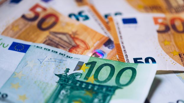 Euro money, Euro cash background. Banknotes of the european union. Euro cash. Many Euro banknotes of different values. 