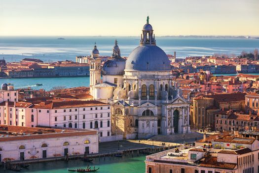Aerial View of the Grand Canal and Basilica Santa Maria della Salute, Venice, Italy. Venice is a popular tourist destination of Europe. Venice, Italy.