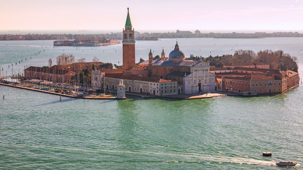 Aerial view at San Giorgio Maggiore island, Venice, Italy. Canal Grande with San Giorgio Maggiore church, Venice, Italy. The church of San Giorgio Maggiore on Isola San Giorgio, Venice