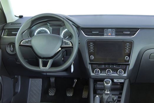 studio shot passenger car interior, front view