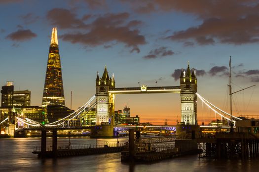 Magnificent view of Tower Bridge, the Shard and the River Thames at night, London, Uk.