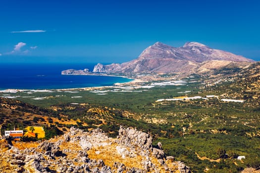 Shot of beautiful turquoise beach Falasarna (Falassarna) in Crete, Greece. View of famous paradise sandy deep turquoise beach of Falasarna (Phalasarna) in North West, Crete island, Greece.