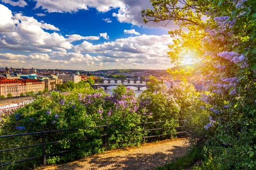 Scenic view of the Old Town pier architecture and Charles Bridge over Vltava river in Prague, Czech Republic. Prague iconic Charles Bridge (Karluv Most) and Old Town Bridge Tower at sunset, Czechia.
