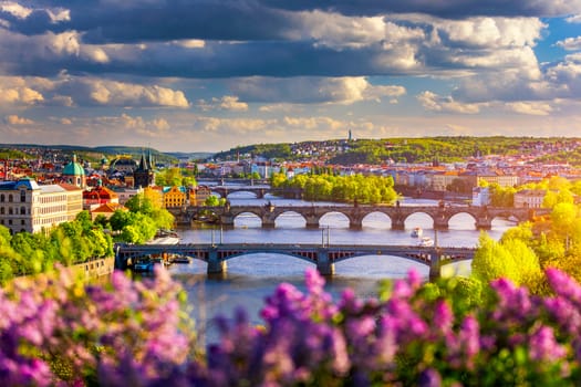 Scenic view of the Old Town pier architecture and Charles Bridge over Vltava river in Prague, Czech Republic. Prague iconic Charles Bridge (Karluv Most) and Old Town Bridge Tower at sunset, Czechia.