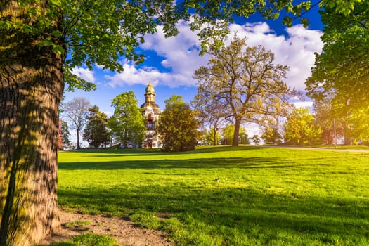 Spring view in Letna Park, Prague, Czech Republic. Spring in Prague (Praha), beautiful Letna park (Letenske sady) in sunlight, sunny landscape, popular tourist destination, Prague, Czech Republic
