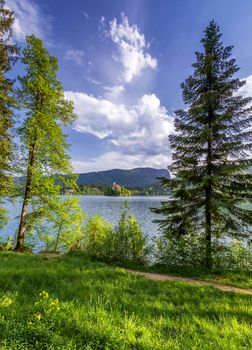 Lake Bled Slovenia. Beautiful mountain Bled lake with small Pilgrimage Church. Most famous Slovenian lake and island Bled with Pilgrimage Church of the Assumption of Maria. Bled, Slovenia.