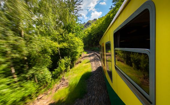 Train ride, view from a window. Old train passing green vegetation. View from the window. Traveling by train to sunset. Sunset scenery and a train gilded by sun, view from a train window. Czechia.