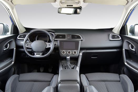 studio shot passenger car interior, front view