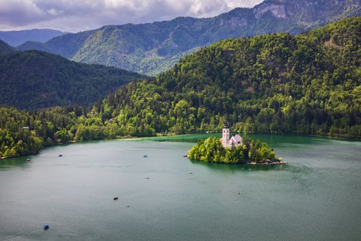 Lake Bled with St. Marys Church of Assumption on small island. Bled, Slovenia, Europe. The Church of the Assumption, Bled, Slovenia. The Lake Bled and Santa Maria Church near Bled, Slovenia.