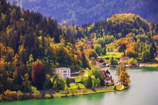Lake Bled Slovenia. Beautiful mountain lake with beautiful houses on the shore. Bled lake is the most famous lake in Slovenia. Bled, Slovenia.