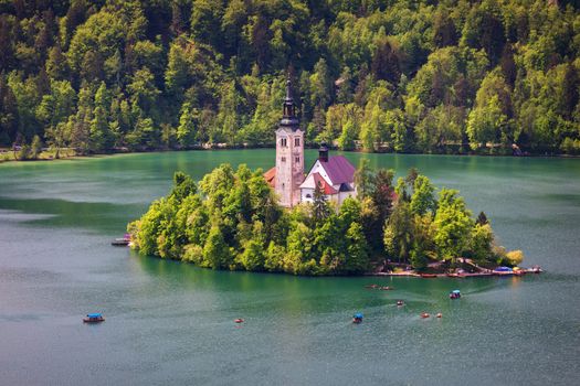 Lake Bled with St. Marys Church of Assumption on small island. Bled, Slovenia, Europe. The Church of the Assumption, Bled, Slovenia. The Lake Bled and Santa Maria Church near Bled, Slovenia.