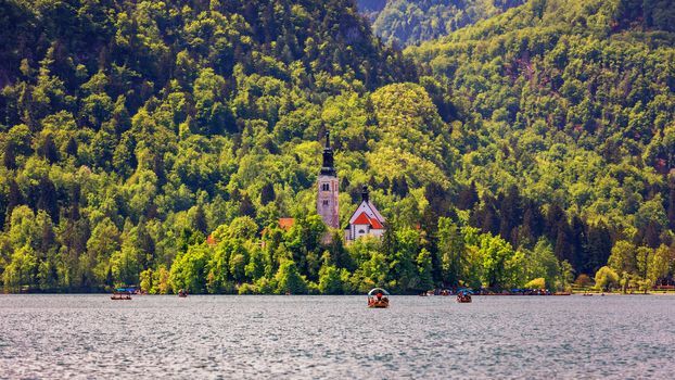 Lake Bled with St. Marys Church of Assumption on small island. Bled, Slovenia, Europe. The Church of the Assumption, Bled, Slovenia. The Lake Bled and Santa Maria Church near Bled, Slovenia.