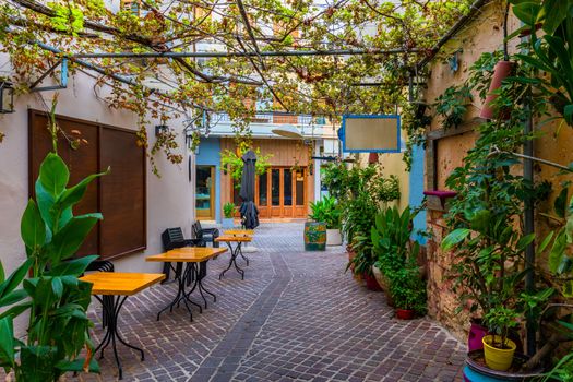 Street in the old town of Chania, Crete, Greece. Charming streets of Greek islands, Crete. Beautiful street in Chania, Crete island, Greece. Summer landscape. Chania old street of Crete island Greece.