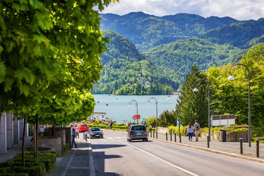 Street with old traditional houses in alpine town, Bled, Slovenia. Street in Bled, Slovenia.