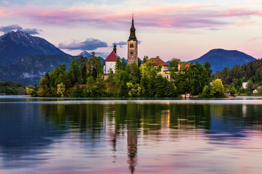 Lake Bled with St. Marys Church of Assumption on small island. Bled, Slovenia, Europe. The Church of the Assumption, Bled, Slovenia. The Lake Bled and Santa Maria Church near Bled, Slovenia.